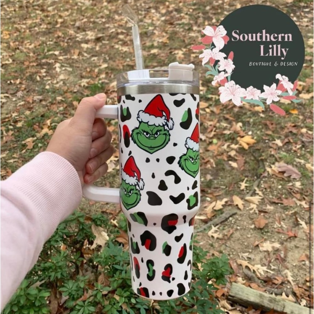 White Leopard Print Grinch 40Oz Cup
